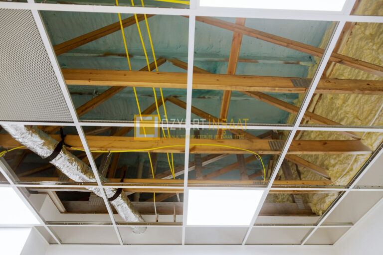 Metal frame of suspended ceilings making of false the ceiling of the office room.