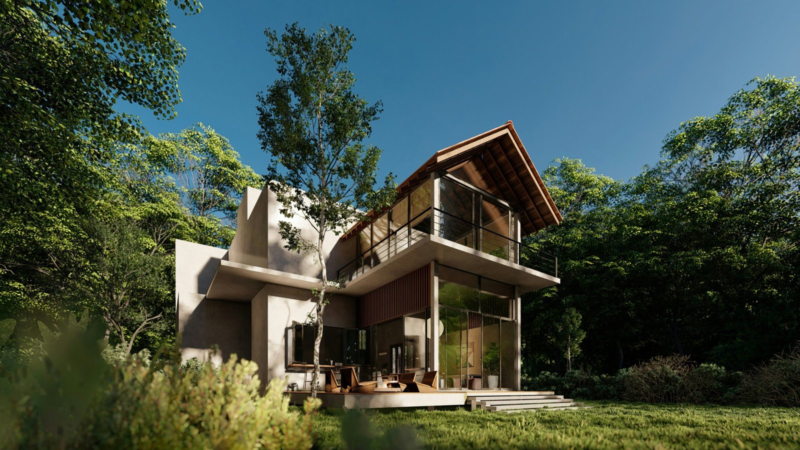 a house in the middle of a lush green forest